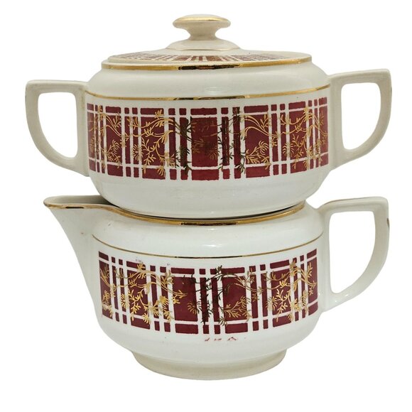 Homer Laughlin Piccadilly Creamer Sugar Stacking Set vtg red plaid gold floral - Picture 1 of 11